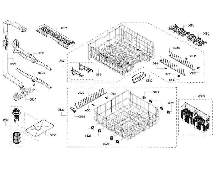 Racks Diagram and Parts List for SHX5AVF5UC 22 Bosch Dishwasher