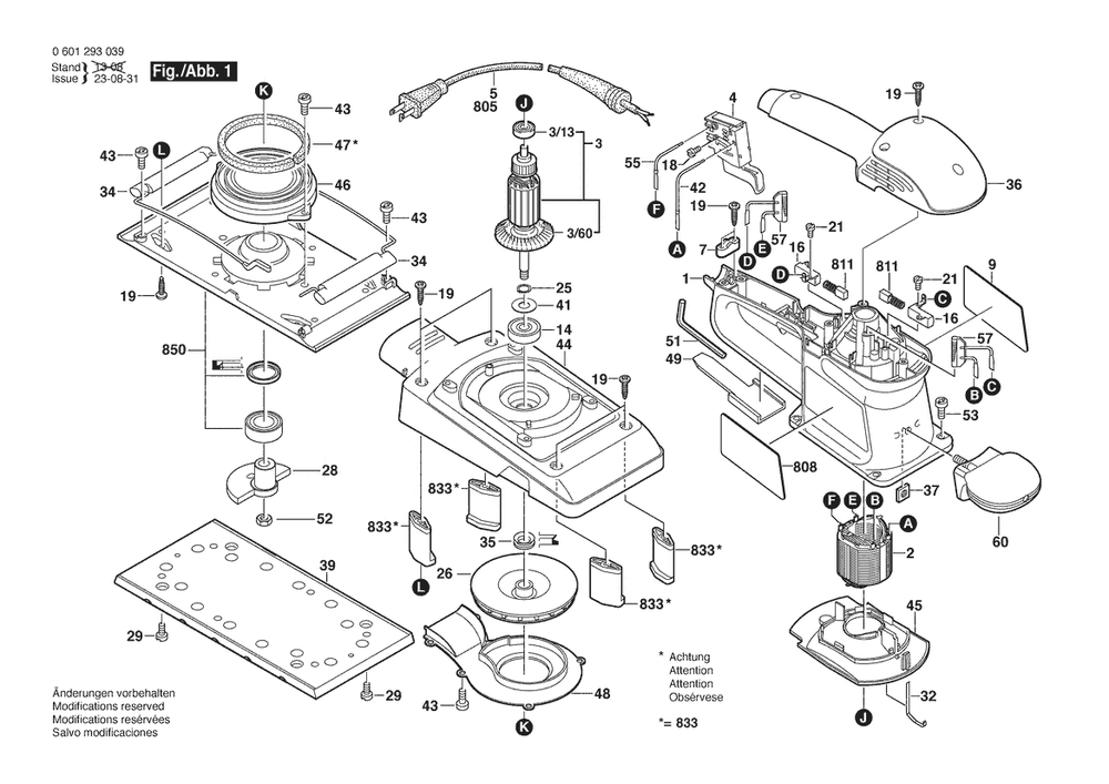 Section 1 Diagram and Parts List for GSS280A 0601293039 Bosch Orbital or Palm Sander
