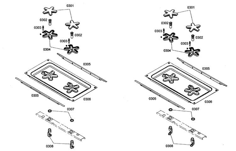 Burners Assy Diagram and Parts List for PRG364EDH01  Thermador Range