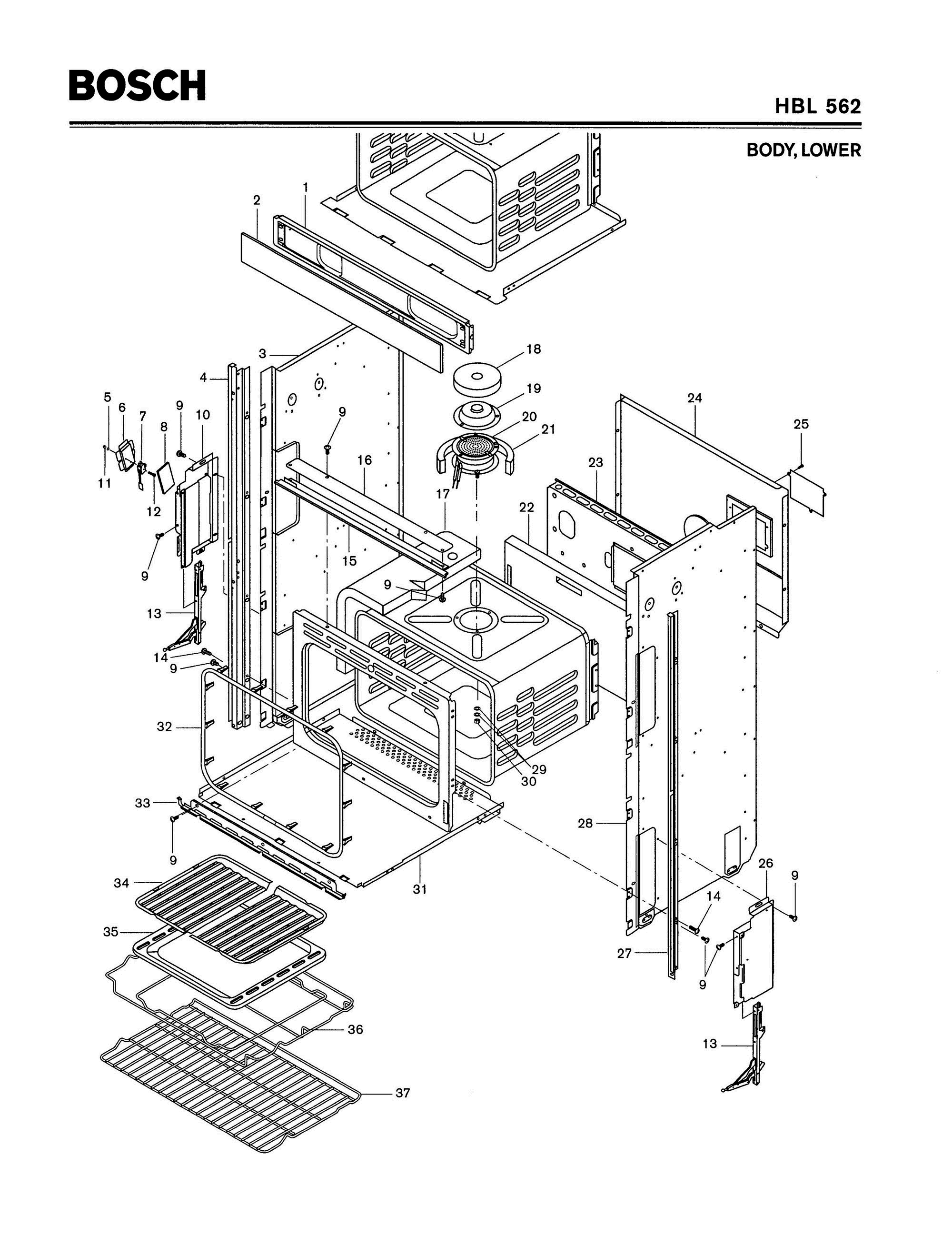 02 - BODY, LOWER Diagram and Parts List for HBL562  Bosch Range