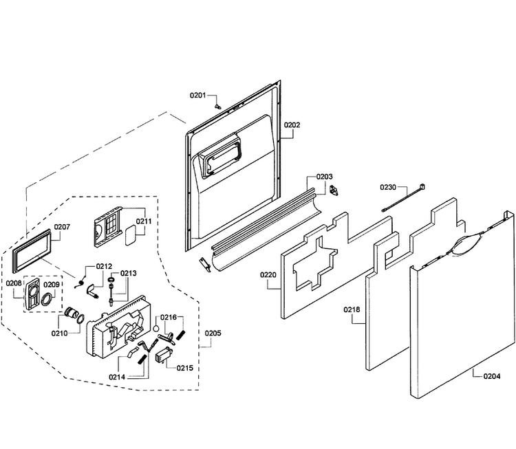 Door Assy Diagram and Parts List for SHE43P15UC 64 Bosch Dishwasher