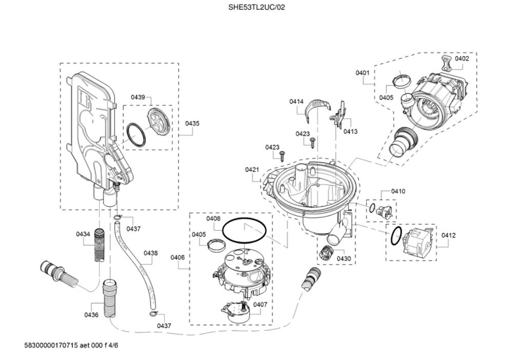 Water Inlet System/Heat Pump/Sump Diagram and Parts List for SHE53TL2UC 02 Bosch Dishwasher