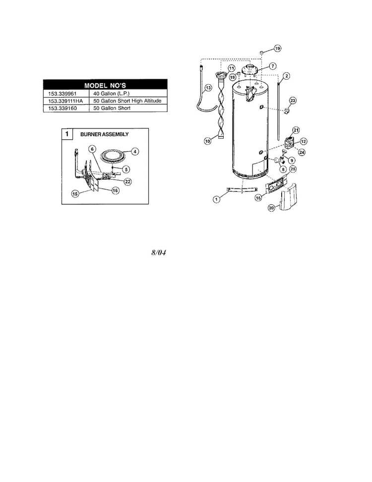 Gas Water Heater Diagram and Parts List for 153339961  Kenmore Water Heater