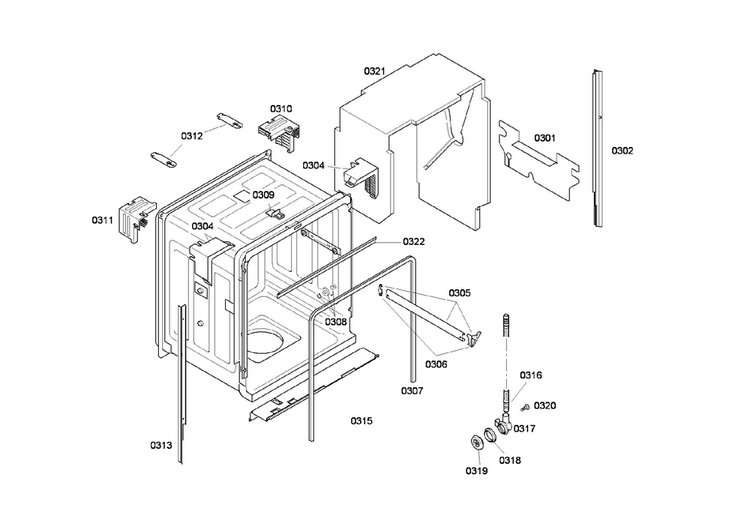 Cabinet Assy Diagram and Parts List for SHE45M05UC 52 Bosch Dishwasher