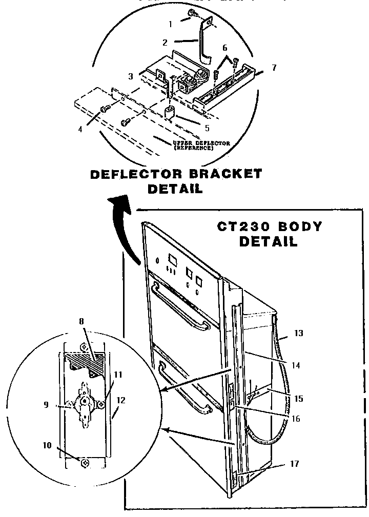 Deflector Bracket And Body Detail Diagram and Parts List for CT130  Thermador Wall Oven