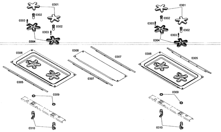 Top Parts Diagram and Parts List for PCG304E01  Thermador Cooktop