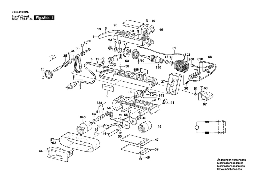 Section 1 Diagram and Parts List for PBS75 0603270045 Bosch Belt or Drum Sander