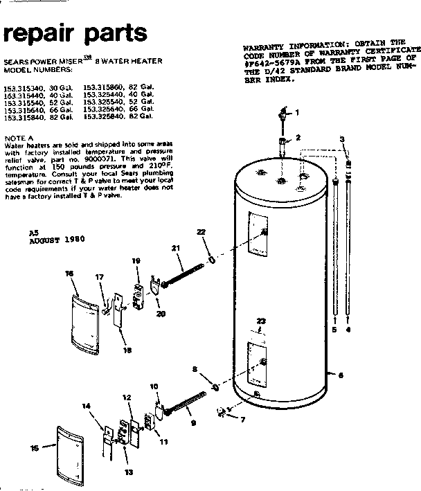 Replacement Parts Diagram and Parts List for 153325840  Kenmore Water Heater