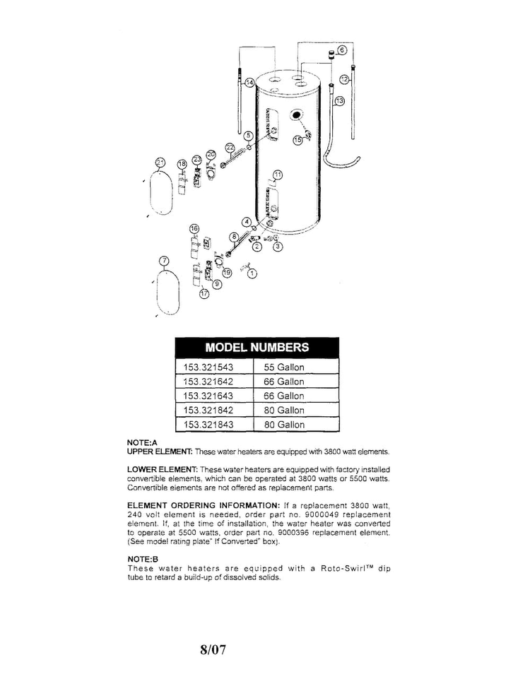 Water Heater Diagram and Parts List for 153321643  Kenmore Water Heater