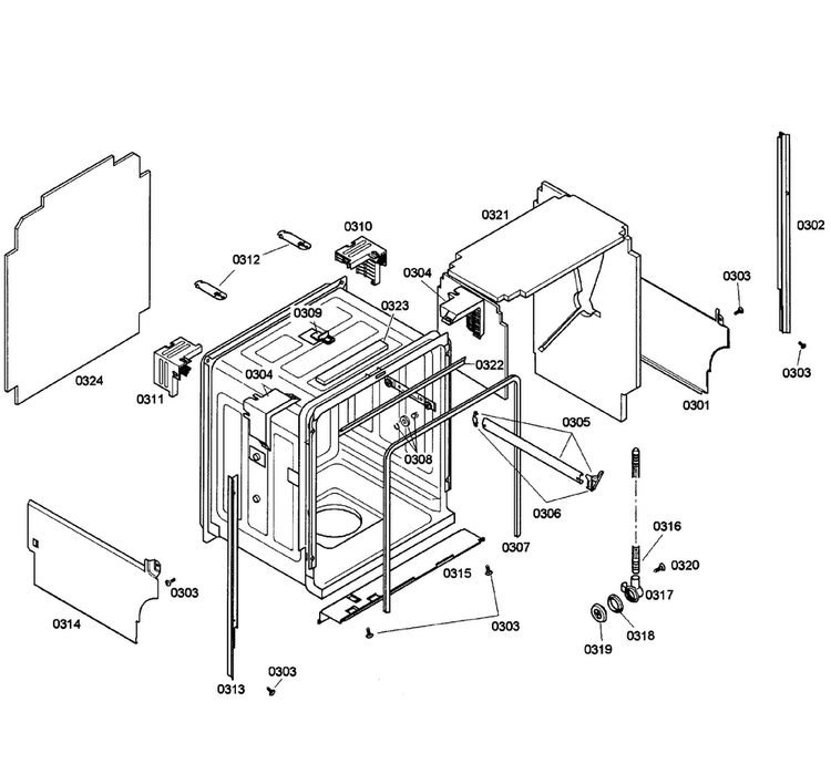 Cabinet Diagram and Parts List for SHE58C02UC 40 Bosch Dishwasher