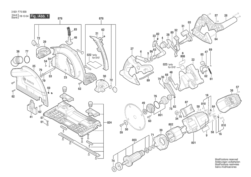 Section 1 Diagram and Parts List for GKT13-225 3601F75010 Bosch Circular Saw