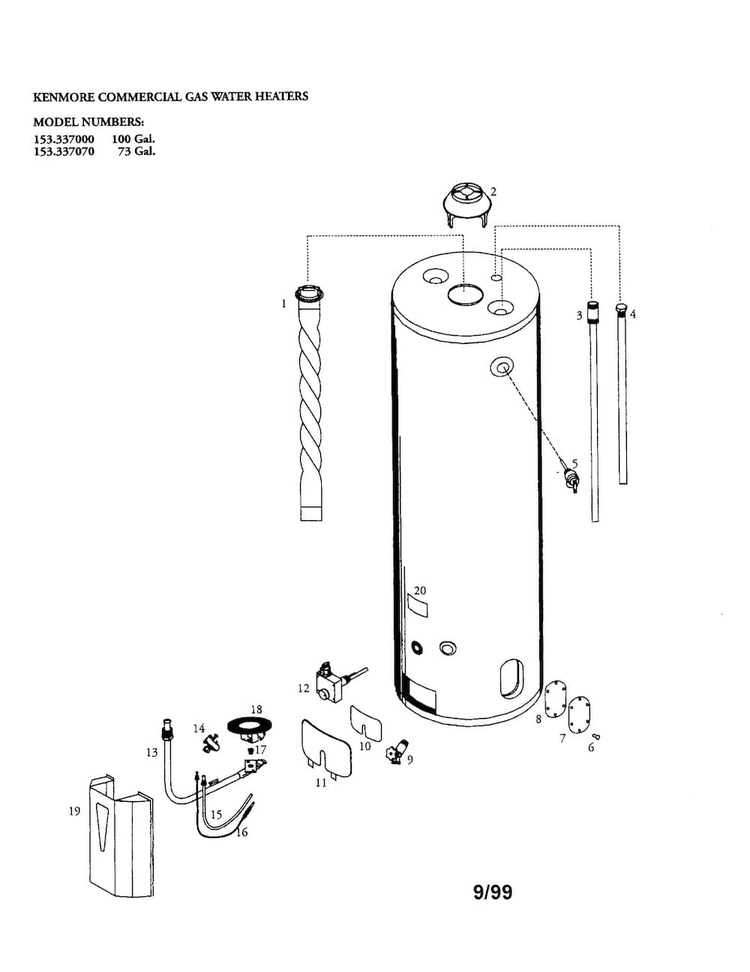 Gas Water Heater Diagram and Parts List for 153337000  Kenmore Water Heater