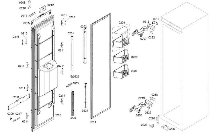 Door Assy Diagram and Parts List for B18ID80NLP 01 Bosch Freezer