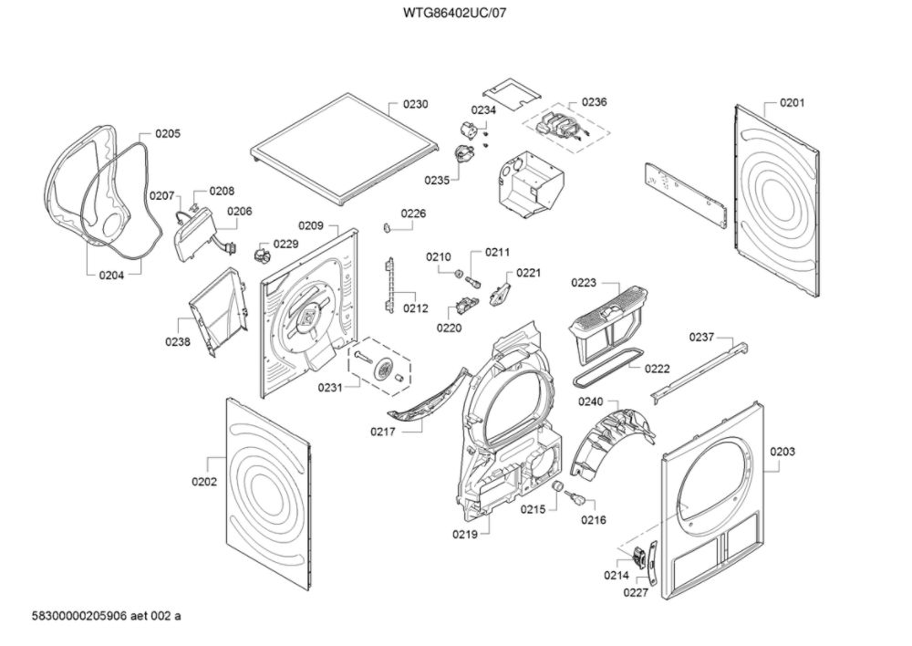 Frame Diagram and Parts List for WTG86402UC 07 Bosch Dryer