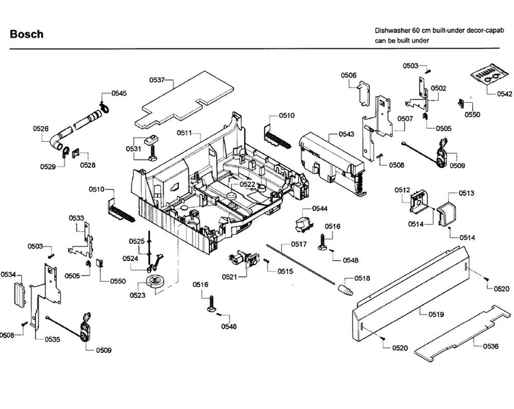 Base Diagram and Parts List for SHE65P05UC 61 Bosch Dishwasher