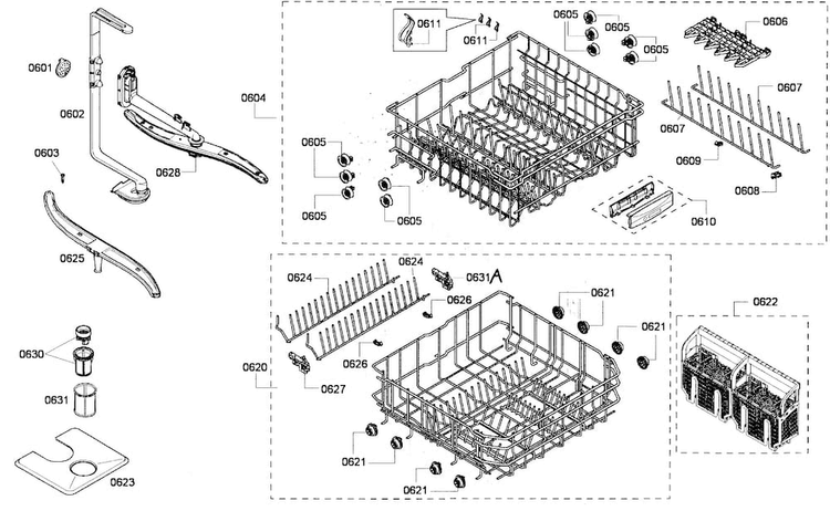 Baskets Assy Diagram and Parts List for SHE65P05UC 53 Bosch Dishwasher