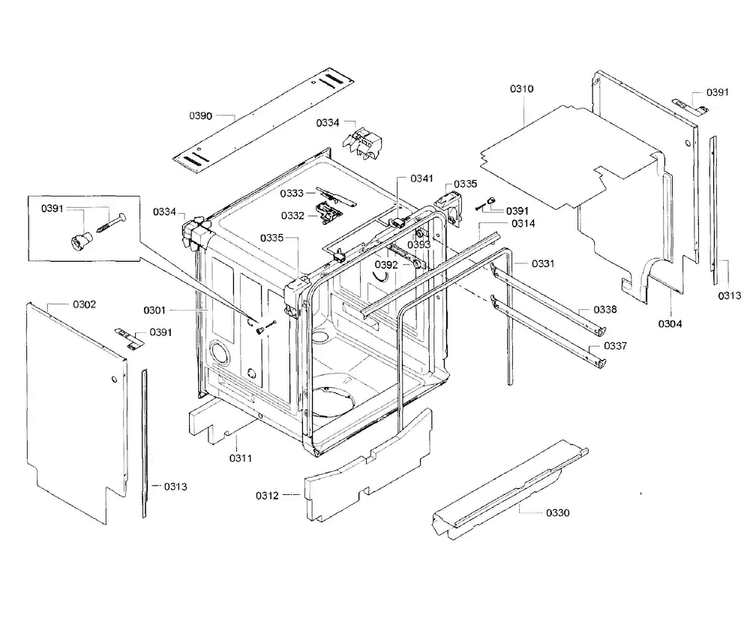 Cabinet Section Diagram and Parts List for SHE9PT55UC B4 Bosch Dishwasher