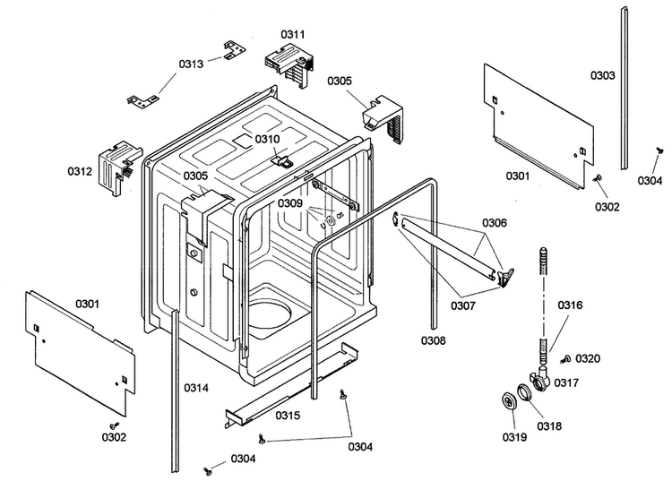 Cabinet Diagram and Parts List for SHE42L12UC 22 Bosch Dishwasher