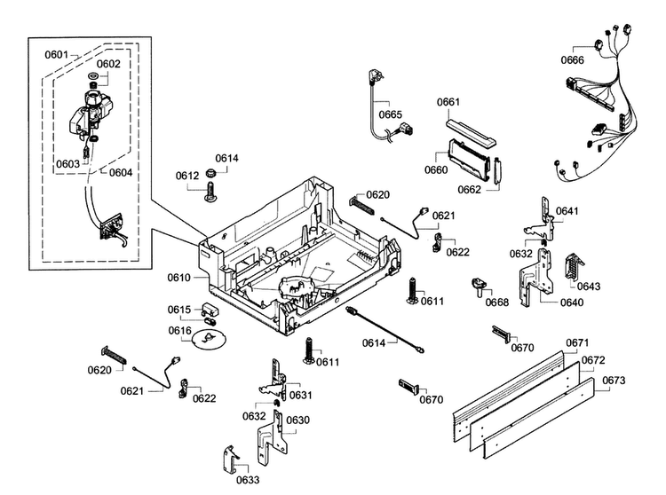 Base Diagram and Parts List for SGX68U55UC A3 Bosch Dishwasher