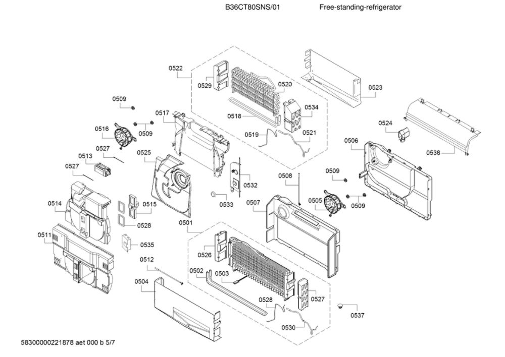 Evaporator Parts Diagram and Parts List for B36CT80SNS 01 Bosch Refrigerator