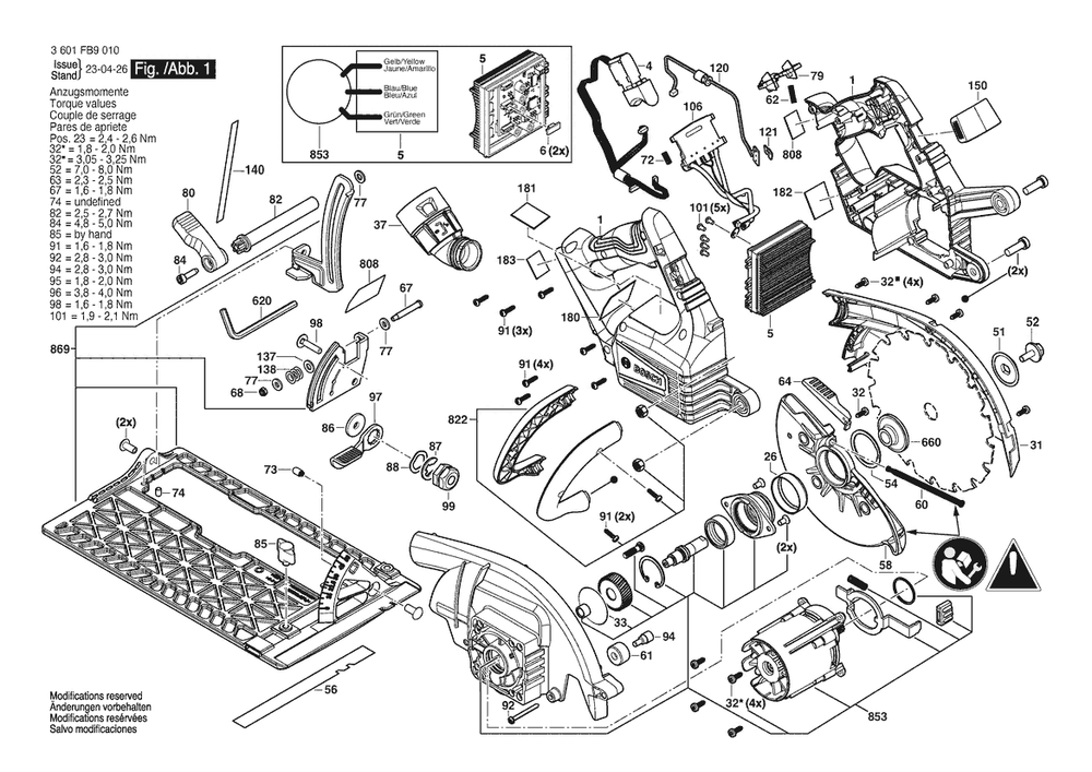 Figure 1 Diagram and Parts List for 3601FB9010 GKS 18V-26 L Bosch Circular Saw
