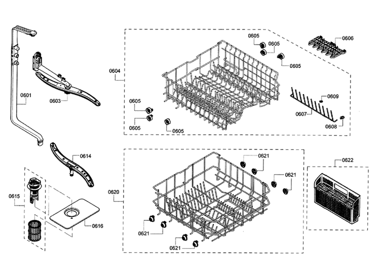 Rack Diagram and Parts List for SHE3AR52UC 12 Bosch Dishwasher