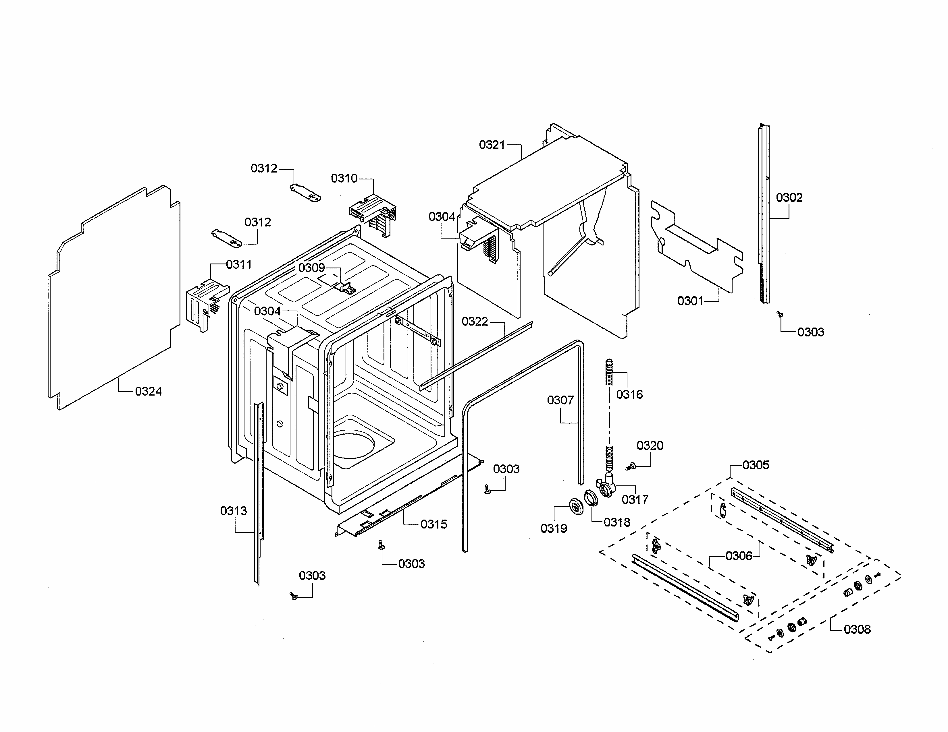 Tub Diagram and Parts List for S35KMK35UC 64 Bosch Dishwasher