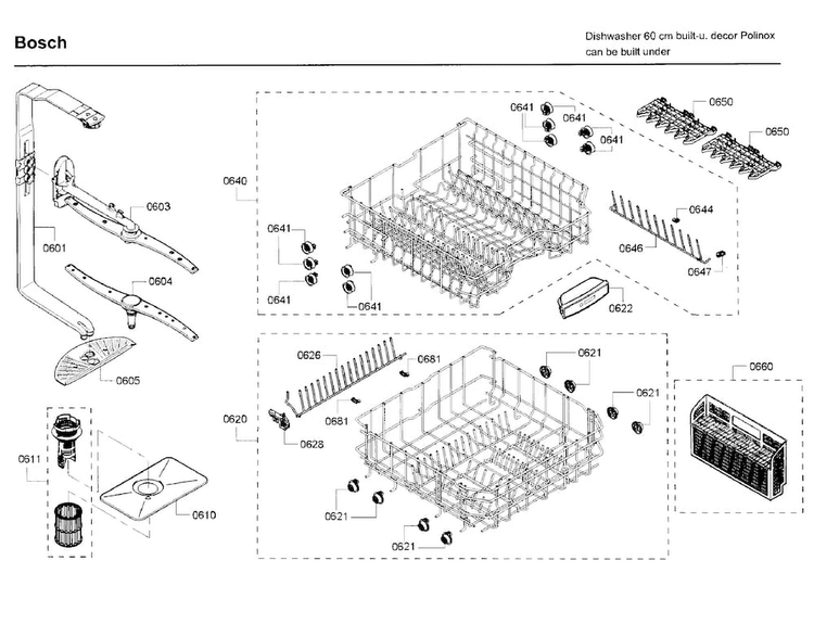 Rack Diagram and Parts List for SHE3AR76UC 22 Bosch Dishwasher
