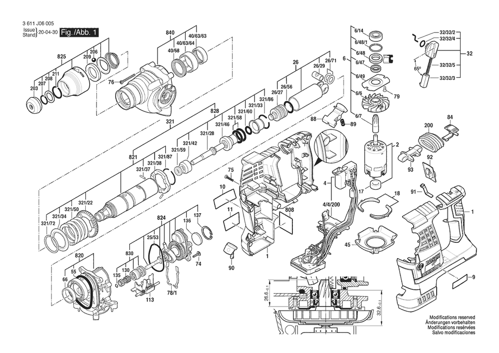 Section 1 Diagram and Parts List for GBH36V-28 3611J06005 Bosch Hammer Drill