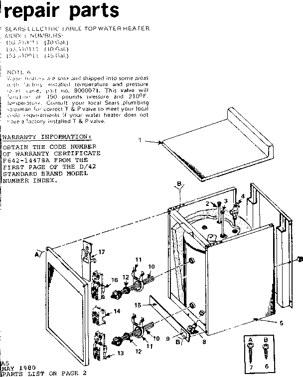 Replacement Parts Diagram and Parts List for 153310911  Kenmore Water Heater