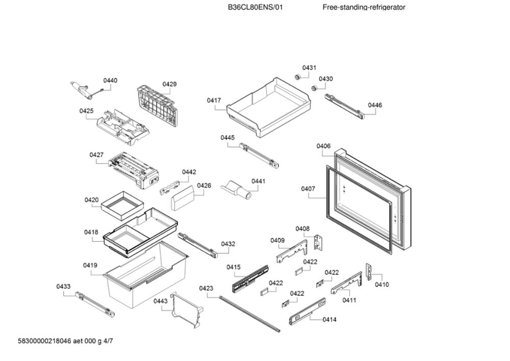Freezer Door And Drawer Diagram and Parts List for B36CL80ENS 01 Bosch Refrigerator