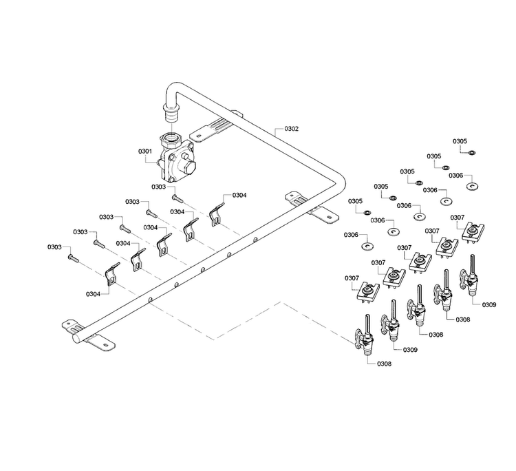 Burner Valve Diagram and Parts List for NGM8065UC 01 Bosch Cooktop