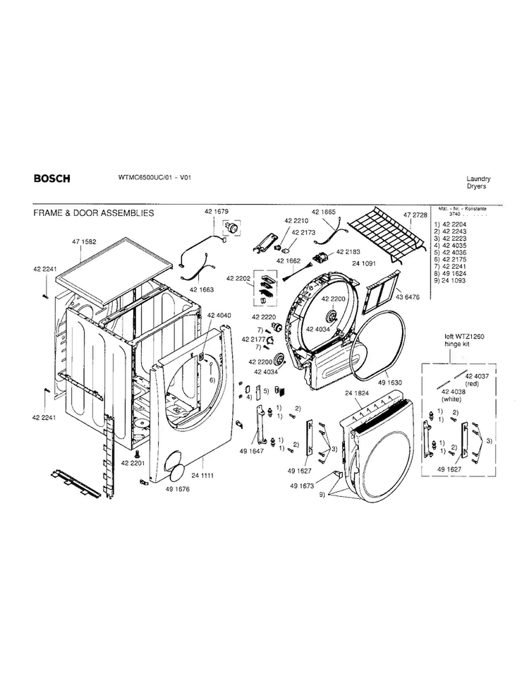 Frame And Door Assemblies Diagram and Parts List for WTMC6500UC 01 Bosch Dryer