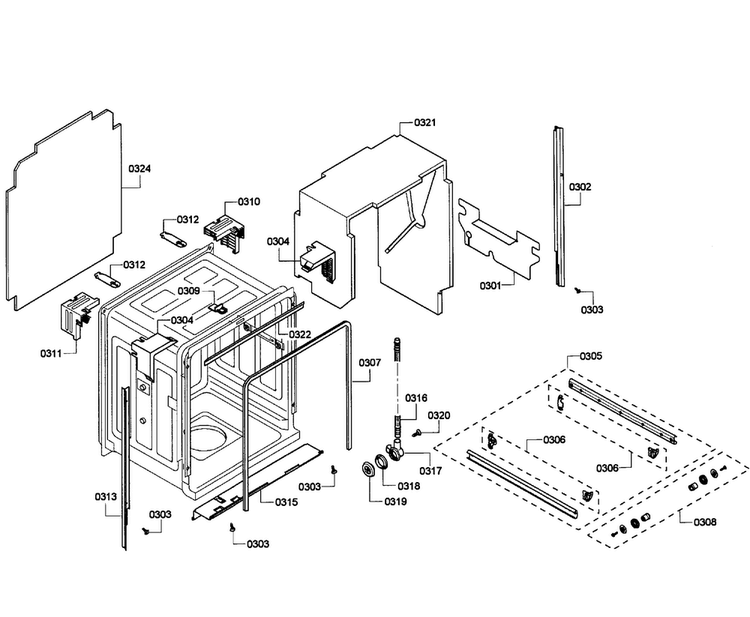 Cabinet Diagram and Parts List for SHE55P06UC 64 Bosch Dishwasher