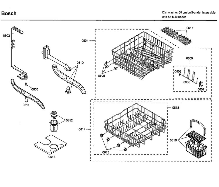 Baskets Diagram and Parts List for SHX33M02UC 50 Bosch Dishwasher