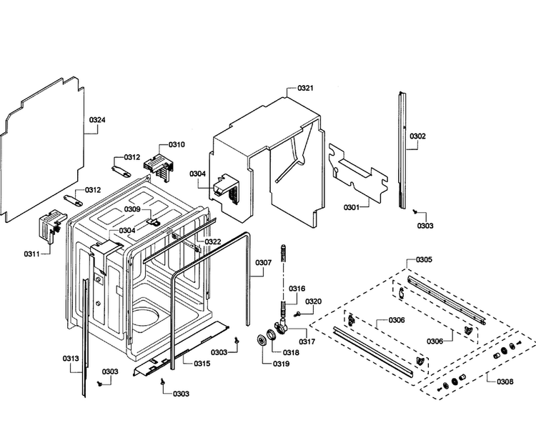 Cabinet Diagram and Parts List for SHE55P05UC 59 Bosch Dishwasher