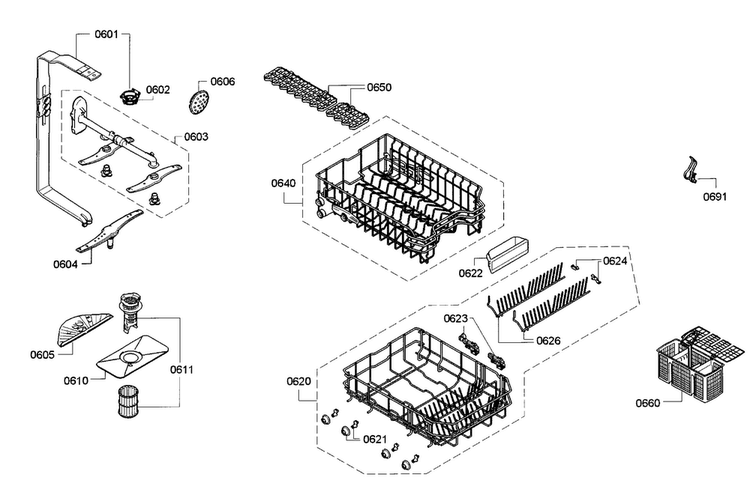 Rack Diagram and Parts List for SPE53U52UC 30 Bosch Dishwasher