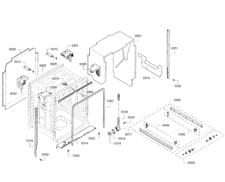 Cabinet Diagram and Parts List for SHE68R52UC 63 Bosch Dishwasher