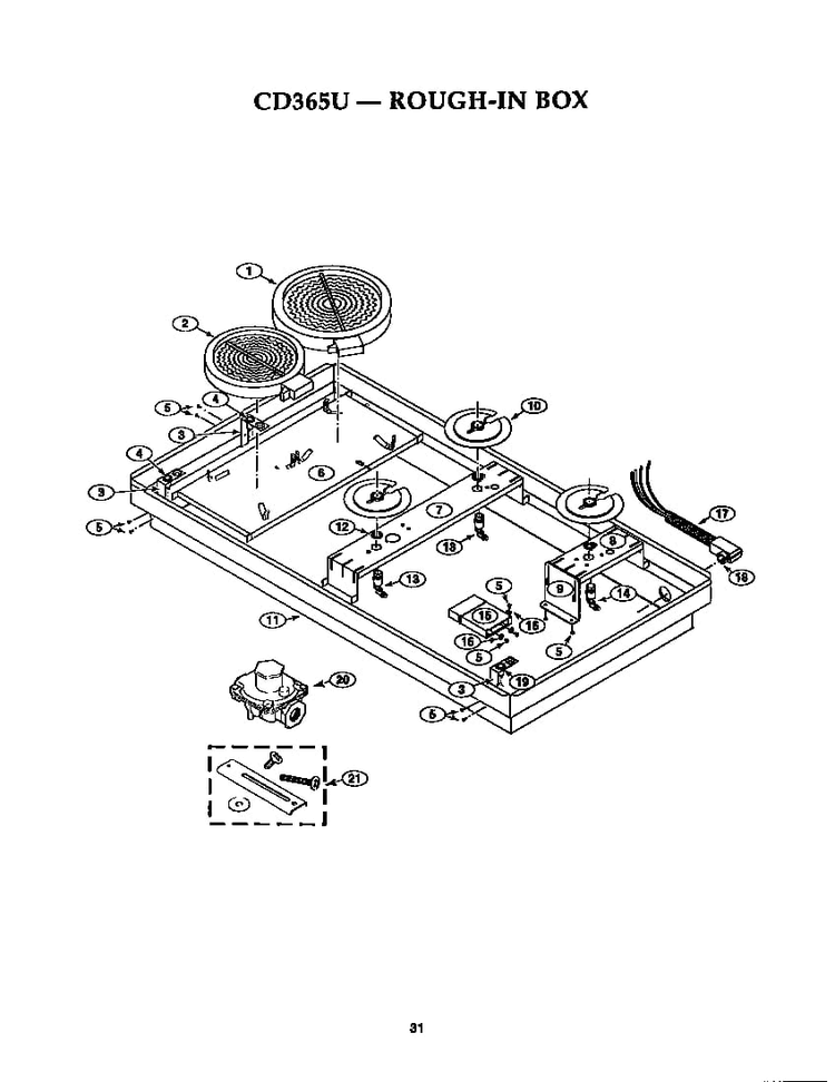 Rough-in Box Diagram and Parts List for CD365U  Thermador Cooktop