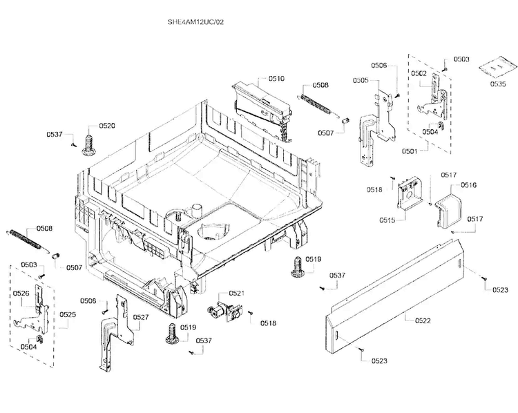 Base Assy Diagram and Parts List for SHE4AM12UC 02 Bosch Dishwasher