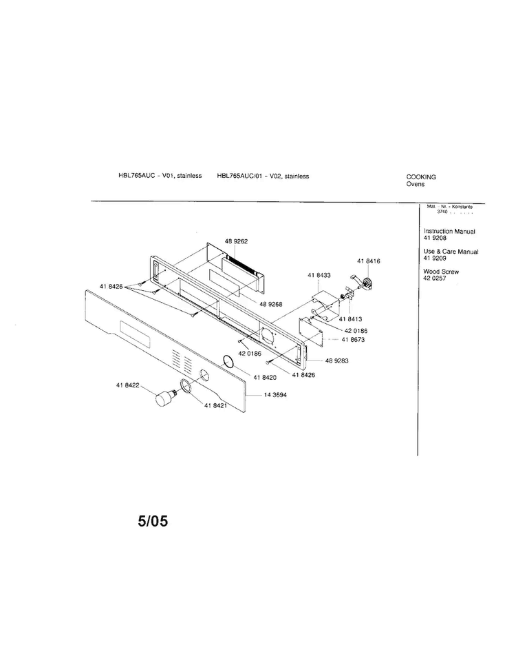 Fascia Panel Diagram and Parts List for HBL765AUC 01 Bosch Wall Oven