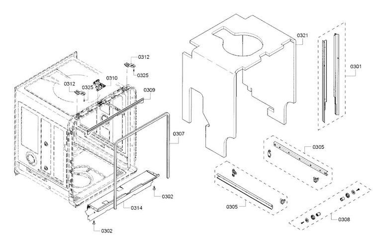 Frame Diagram and Parts List for SHE53TF5UC 01 Bosch Dishwasher