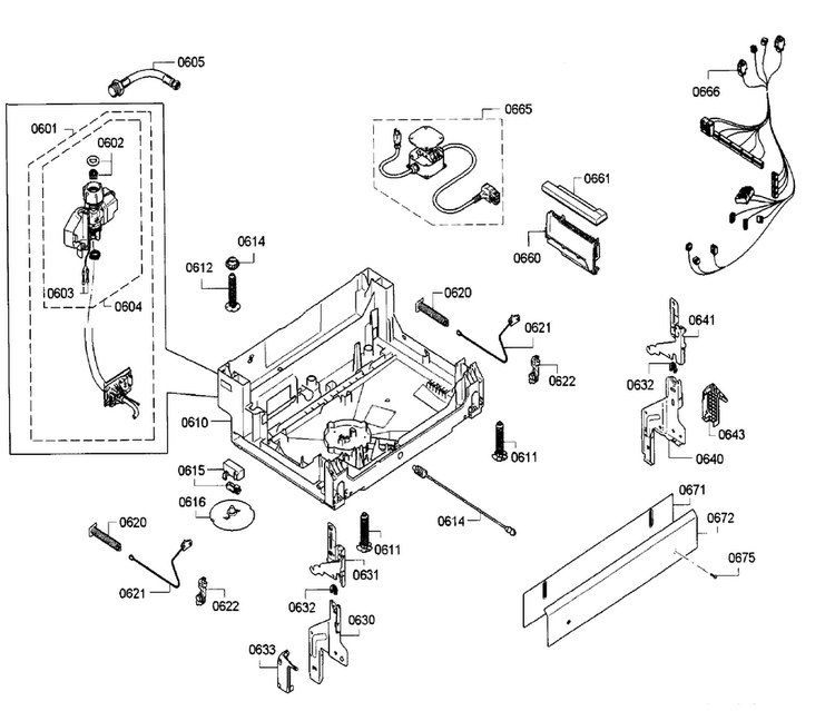 Base Diagram and Parts List for SGE53U56UC B3 Bosch Dishwasher