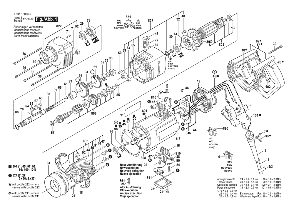 Section 1 Diagram and Parts List for 0601188639  Bosch Drill