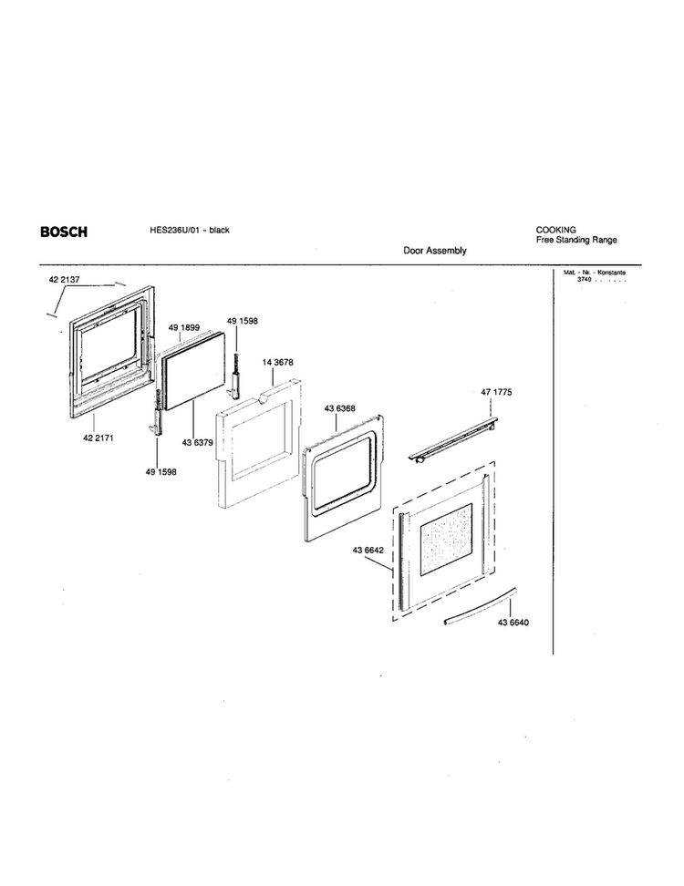 Door Assembly Diagram and Parts List for HES236U 01 Bosch Range