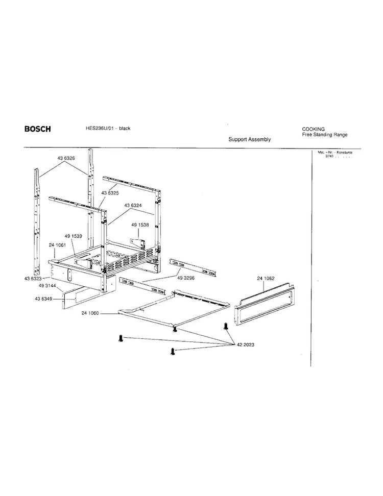 Support Assembly Diagram and Parts List for HES236U 01 Bosch Range