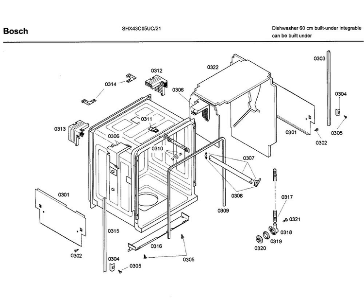 Frame & Cover Diagram and Parts List for SHX43C05UC 21 Bosch Dishwasher