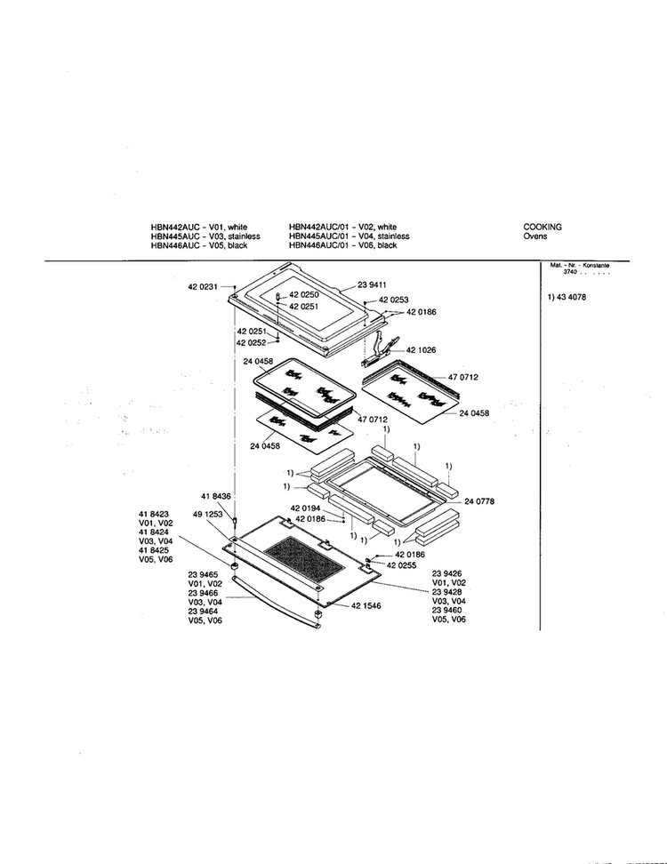 Door Diagram and Parts List for HBN442AUC 01 Bosch Wall Oven