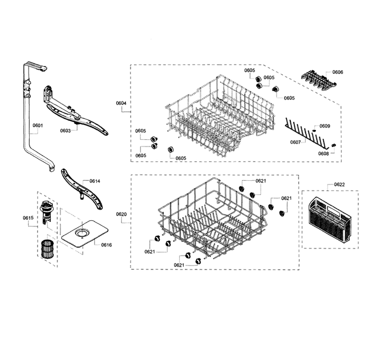 Rack Diagram and Parts List for SHE3AR55UC 14 Bosch Dishwasher