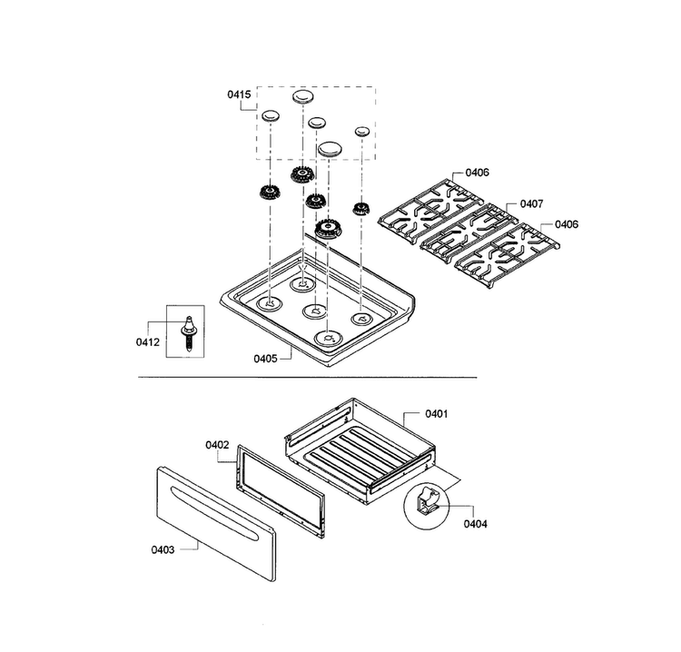 Cooktop & Drawer Diagram and Parts List for HGS3023UC 02 Bosch Range